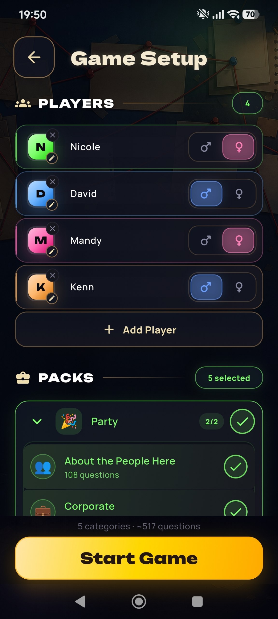 Game setup screen with players and selected question packs
