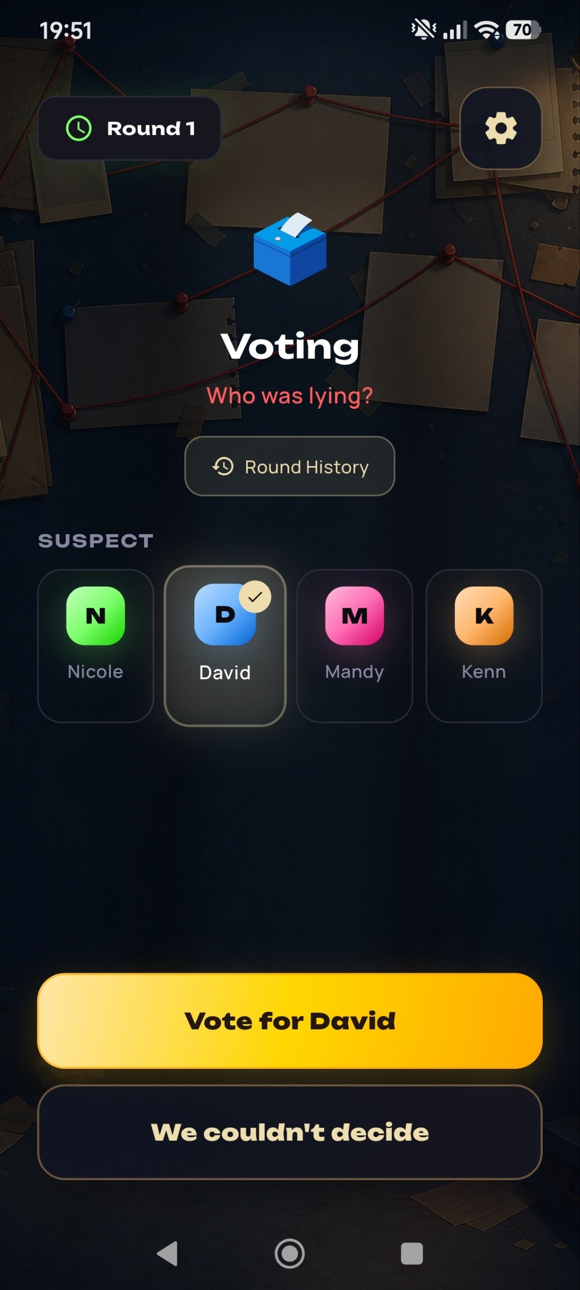 Voting screen with suspects and selected player